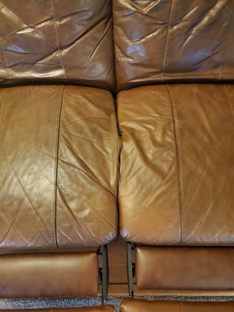 Brown Leather Recliner Loveseat With Wear And Tear, See Pictures