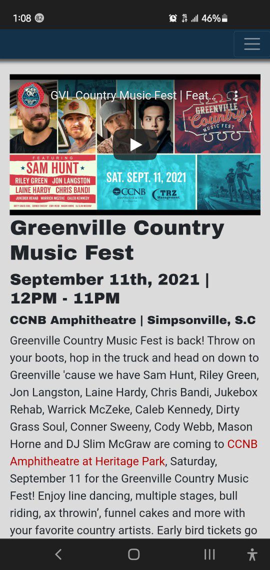 Greenville Country Music Festival Featuring Sam Hunt & More General Admission Ticket 