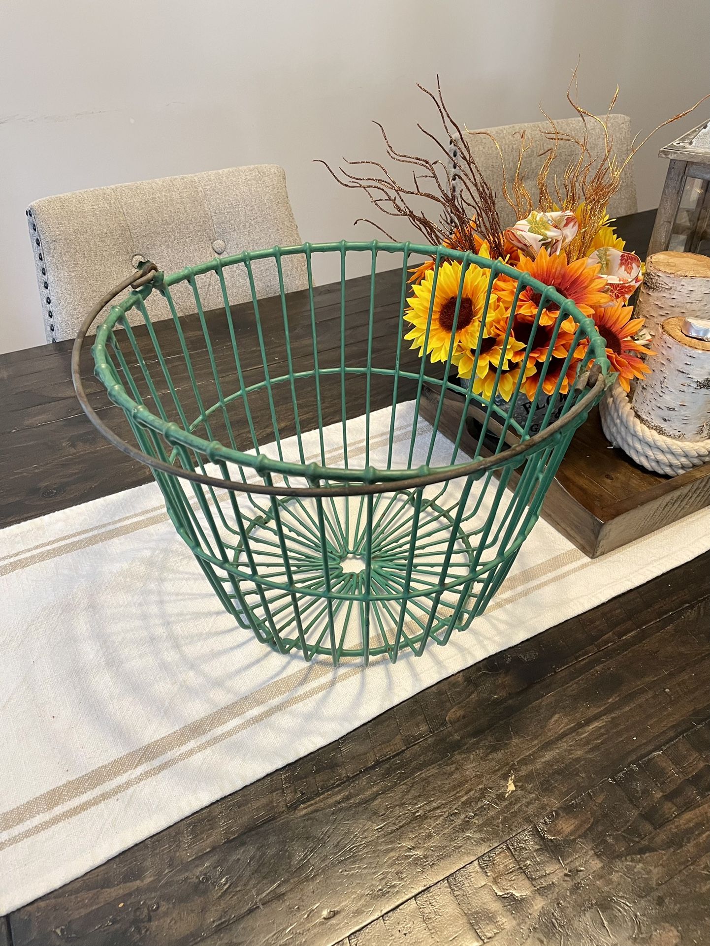 Antique Vintage Farmhouse Green Coated Large Metal Wire Egg Basket