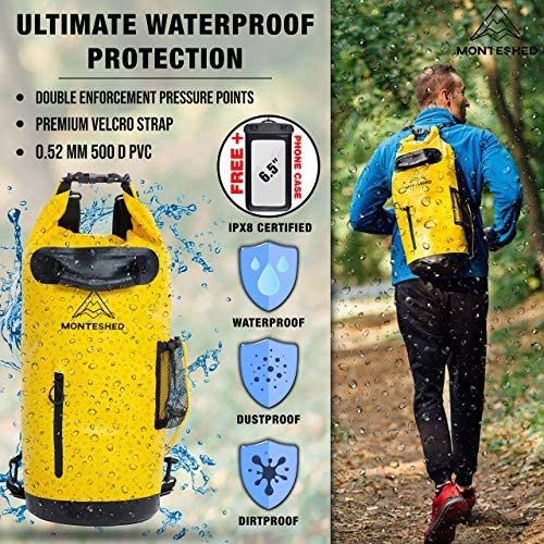 Monteshed Dry Bags Waterproof | Dry Backpack | Kayak Dry Bag | 20L Waterproof Bag for Boating | Dry Sack | Kayak Accessories | Gratis Waterproof Phone
