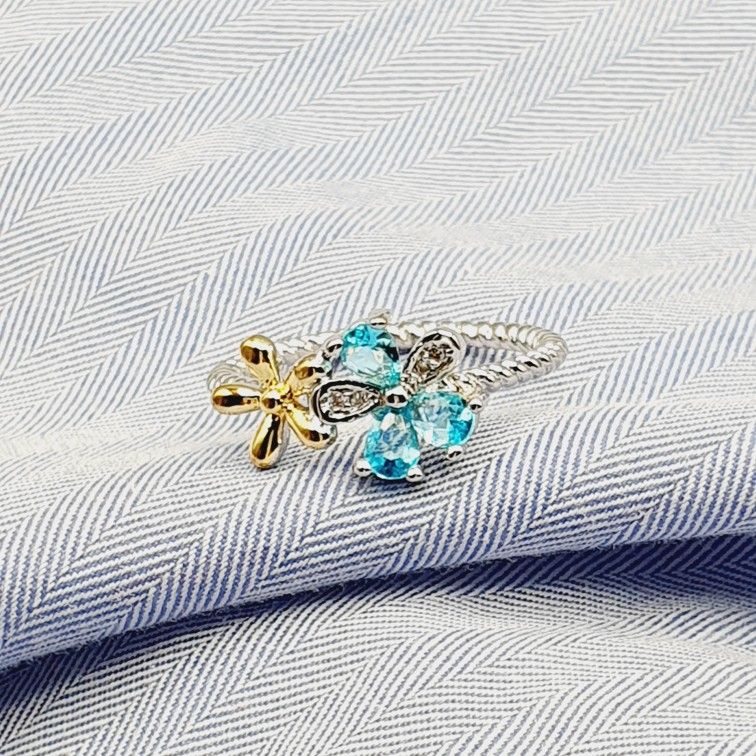 "Sweet Double Flower Sea Blue CZ Weave Thin Rings for Women, VP1672