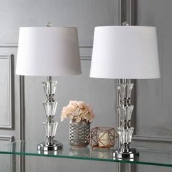 NEW SET 2 Crystal LED Table Lamp Pair Bulb Elegant Base Drum Shade Living Room End Desk Glass Vintage Light Indoor Electrical Illumination *↓READ↓* Thumbnail