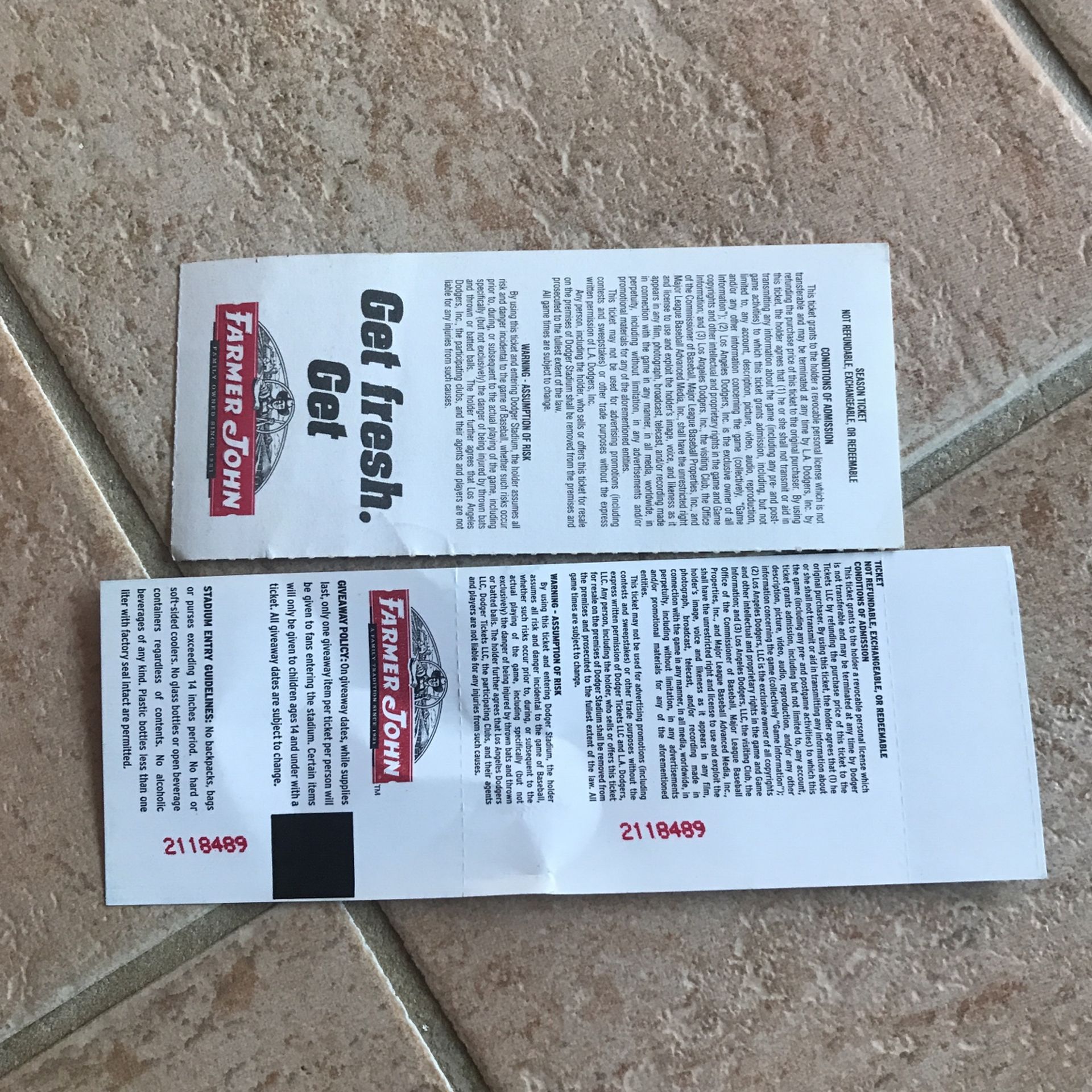 Two Dodgers Tickets * One Signed