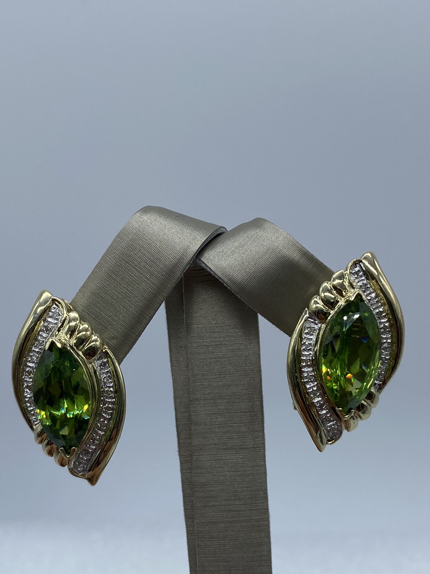 14K Gold, Diamond, And Green Stone Earrings