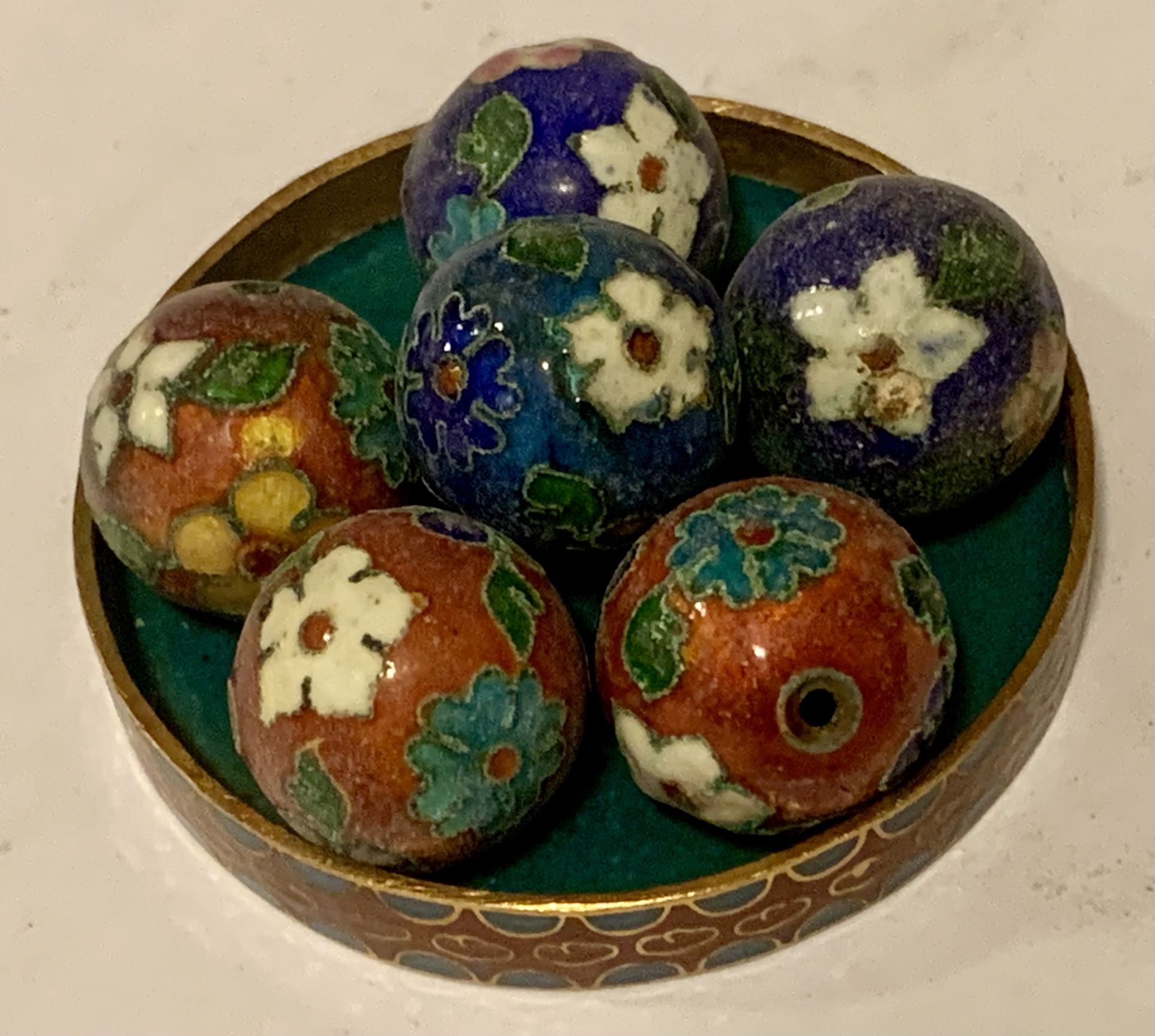 Vintage Set Of Chinese Cloisonné Container, Chinoiserie, Trinket with the 2 Dragons Motif, and 6 Cloisonné Beads With The Flowers Around