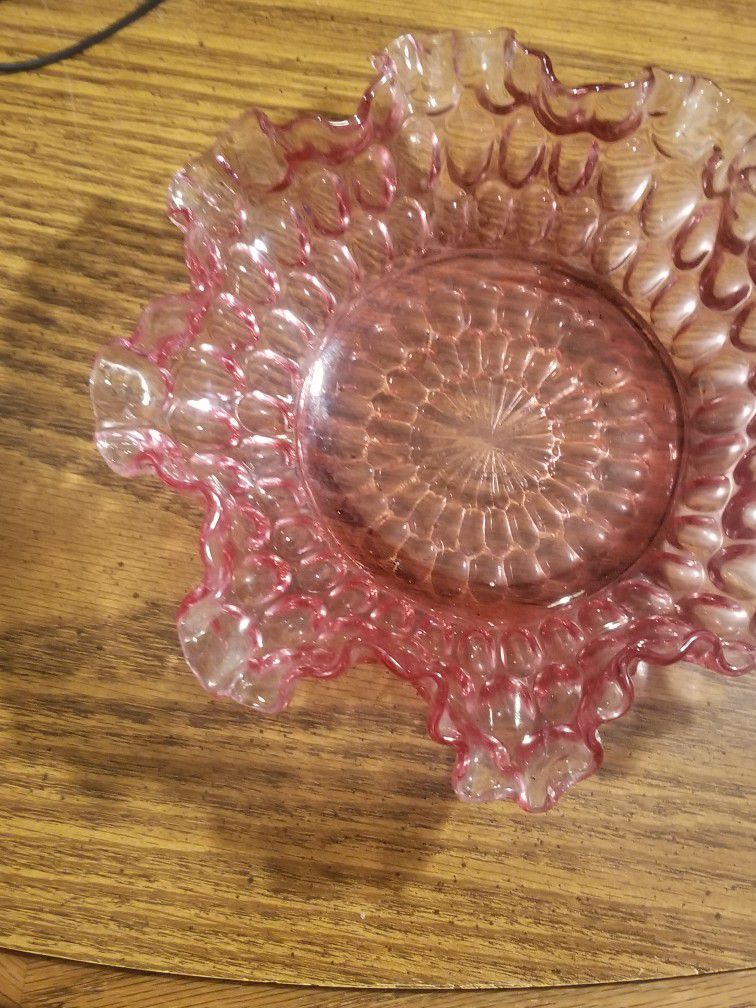 Vintage Rose/Pink Ruffle Glass Candy Dish