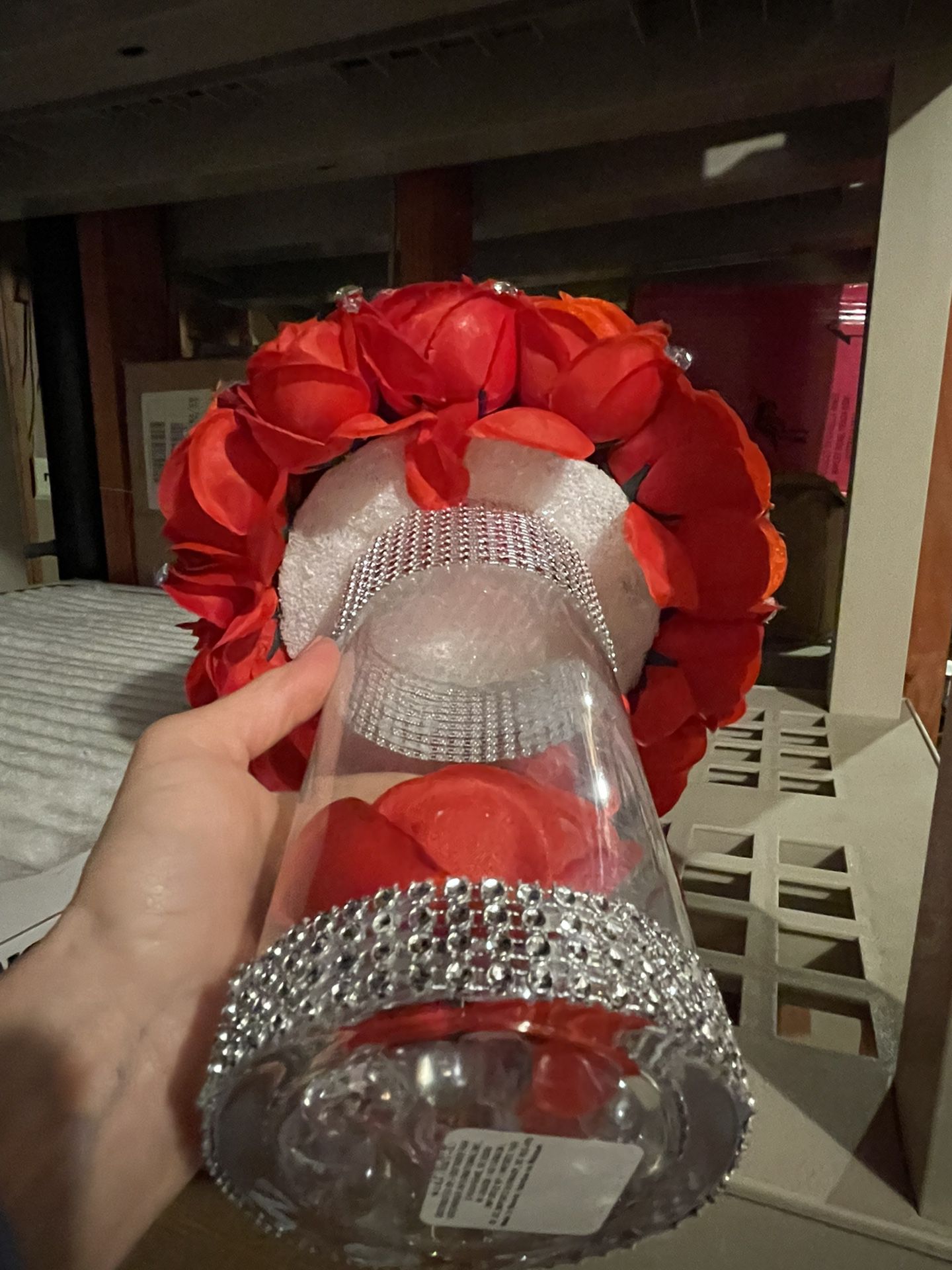 Floral Red & Crustal & Silver Centerpiece 12” Tall For Party 