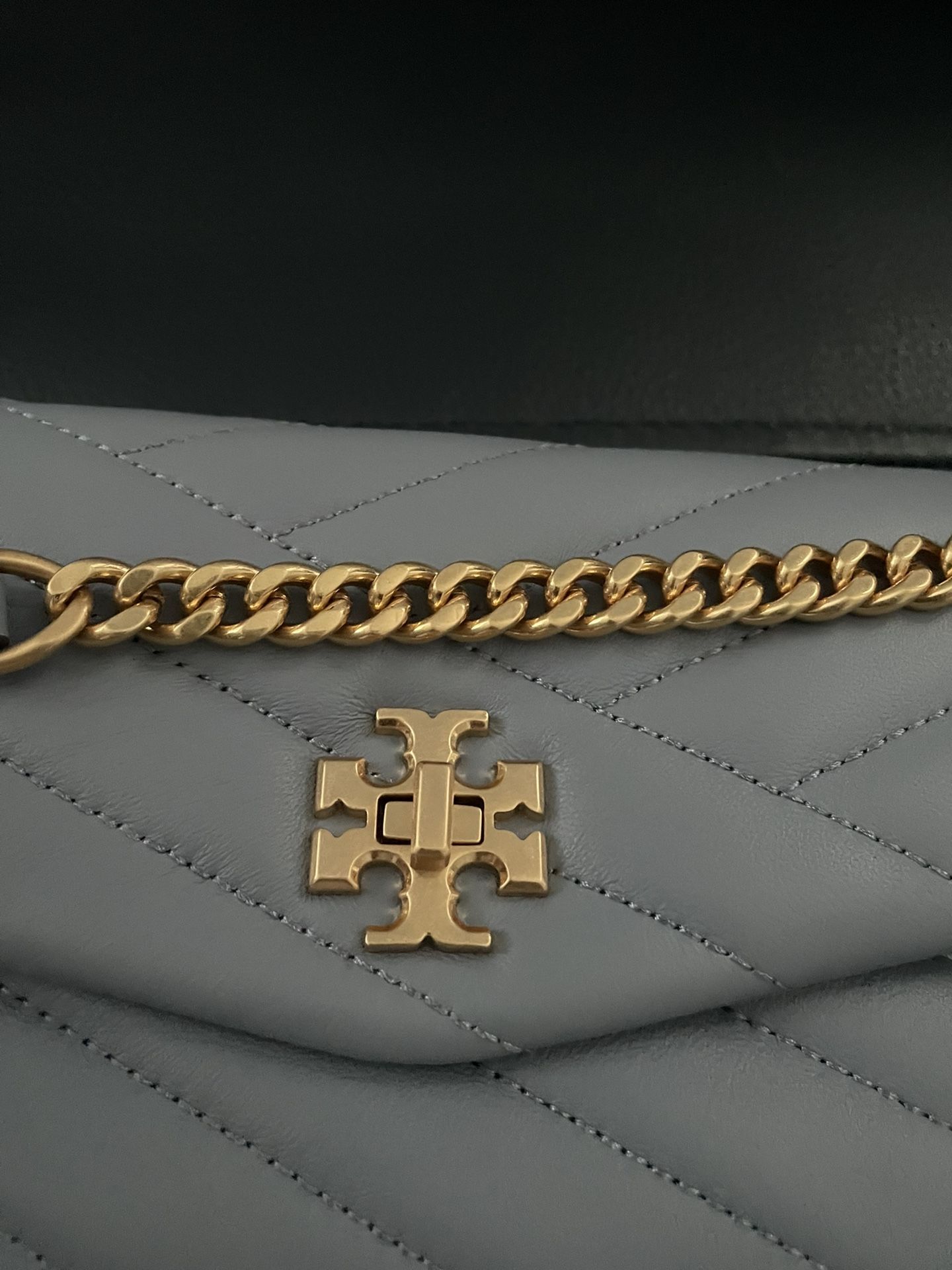 New Kira Chevron Quilted Leather Wallet On A Chain In Cloud Blue/ Rolled Brass