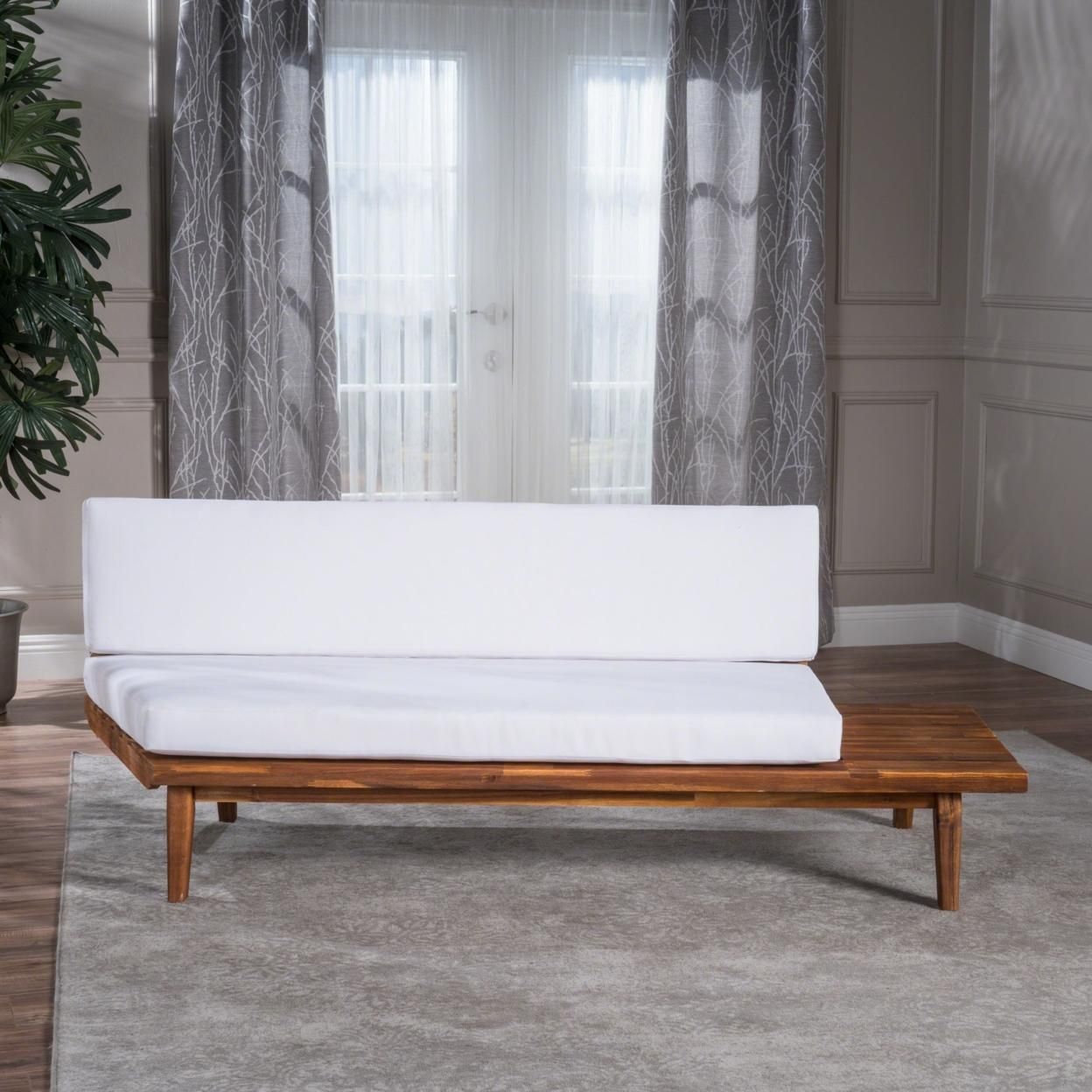 Ellison Indoor Minimalist V Shaped 4 Piece Sandblast Finished Acacia Wood Sectional Sofa Set with White Cushions