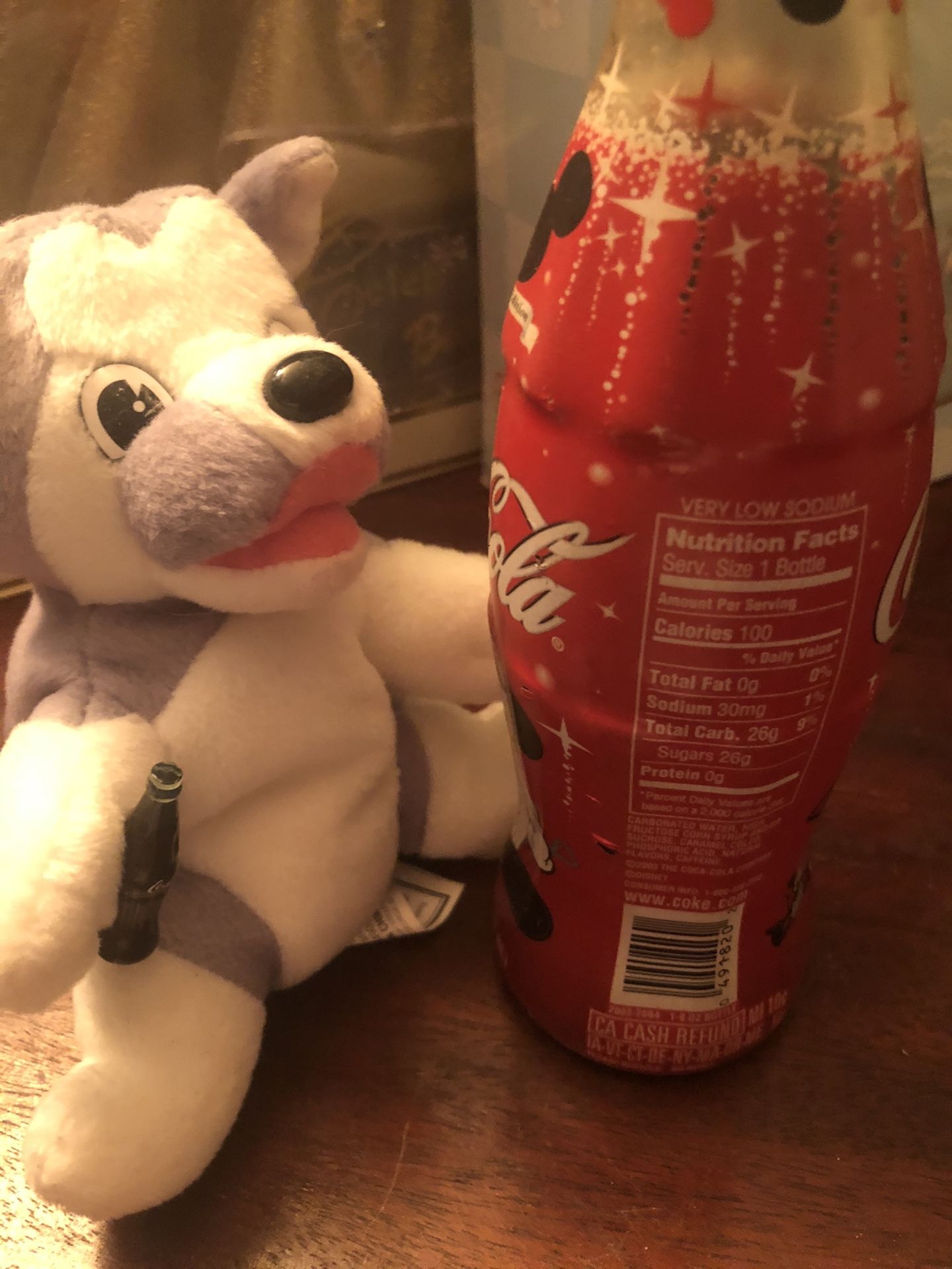 Vintage 1998 Coca Cola husky Plush & New/ Never Opened 75th Mickey Anniversary 8 Oz Bottle- Good Condition - See Pics! Good Deal!