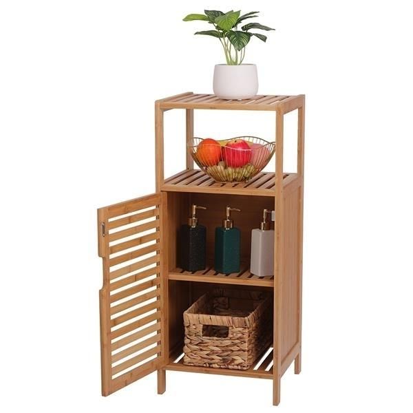 100% Bamboo Bathroom Floor Cabinet, Double Deck Shelf With Single Door And Cell For Stand-Alone Kitchen Cabinet, Living