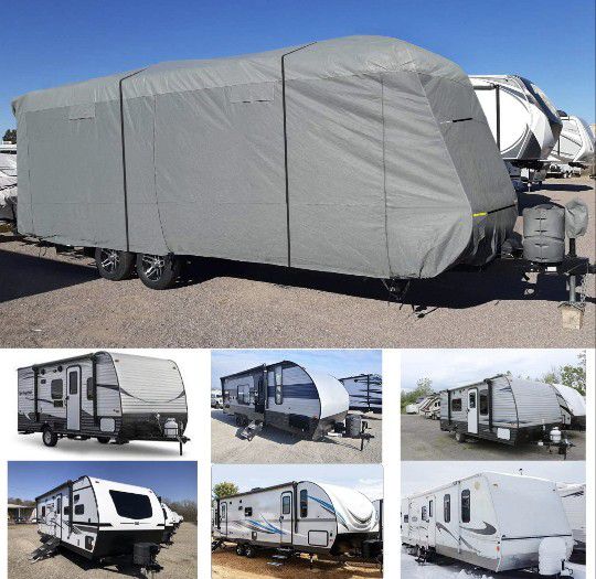 Brand New Travel Trailer RV Cover - Upgraded Heavy Duty 6 Layers Top Windproof Waterproof Sun Protection Camper RV Cover for 18'1" - 34' RV with 4 Tir