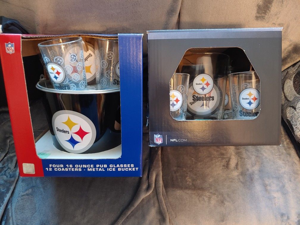New Steelers Ice Bucket - 4 Glasses - Coasters Set.