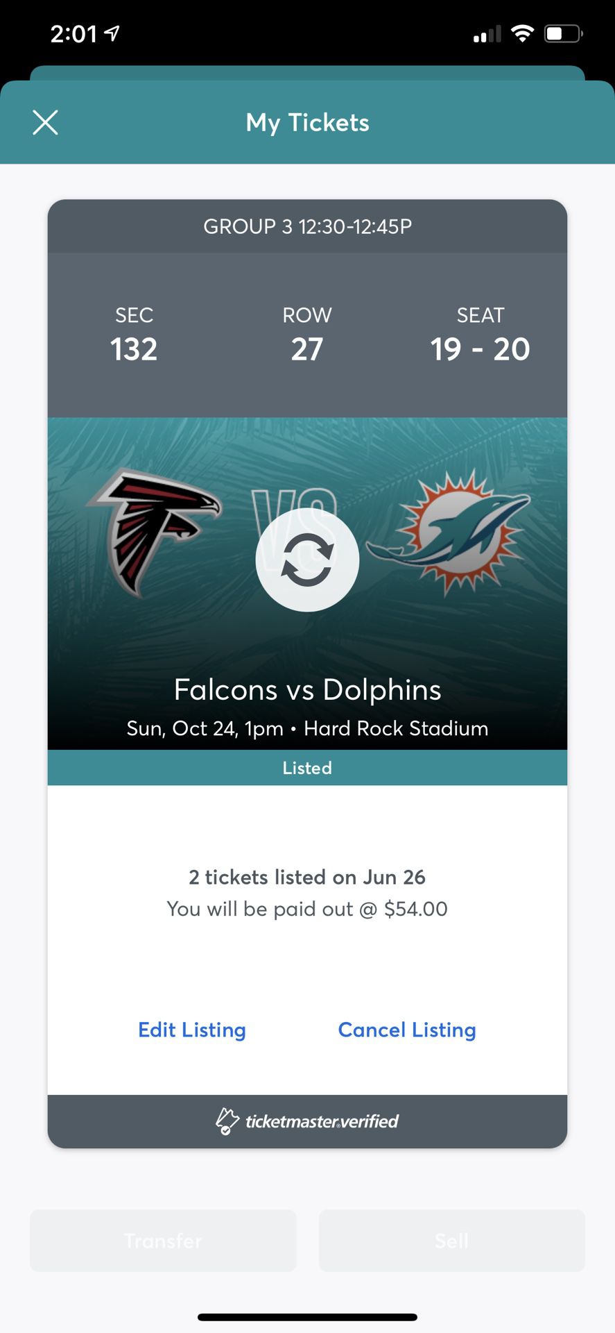 2 Ticket With Parking Pass 10/24 Dolphins v. Falcons