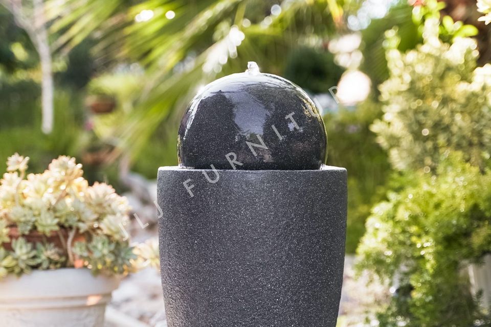 NEW Fountain Modern Stone Textured Round Sphere w/LED Lights, Indoor Outdoor Décor, 25.6" Black