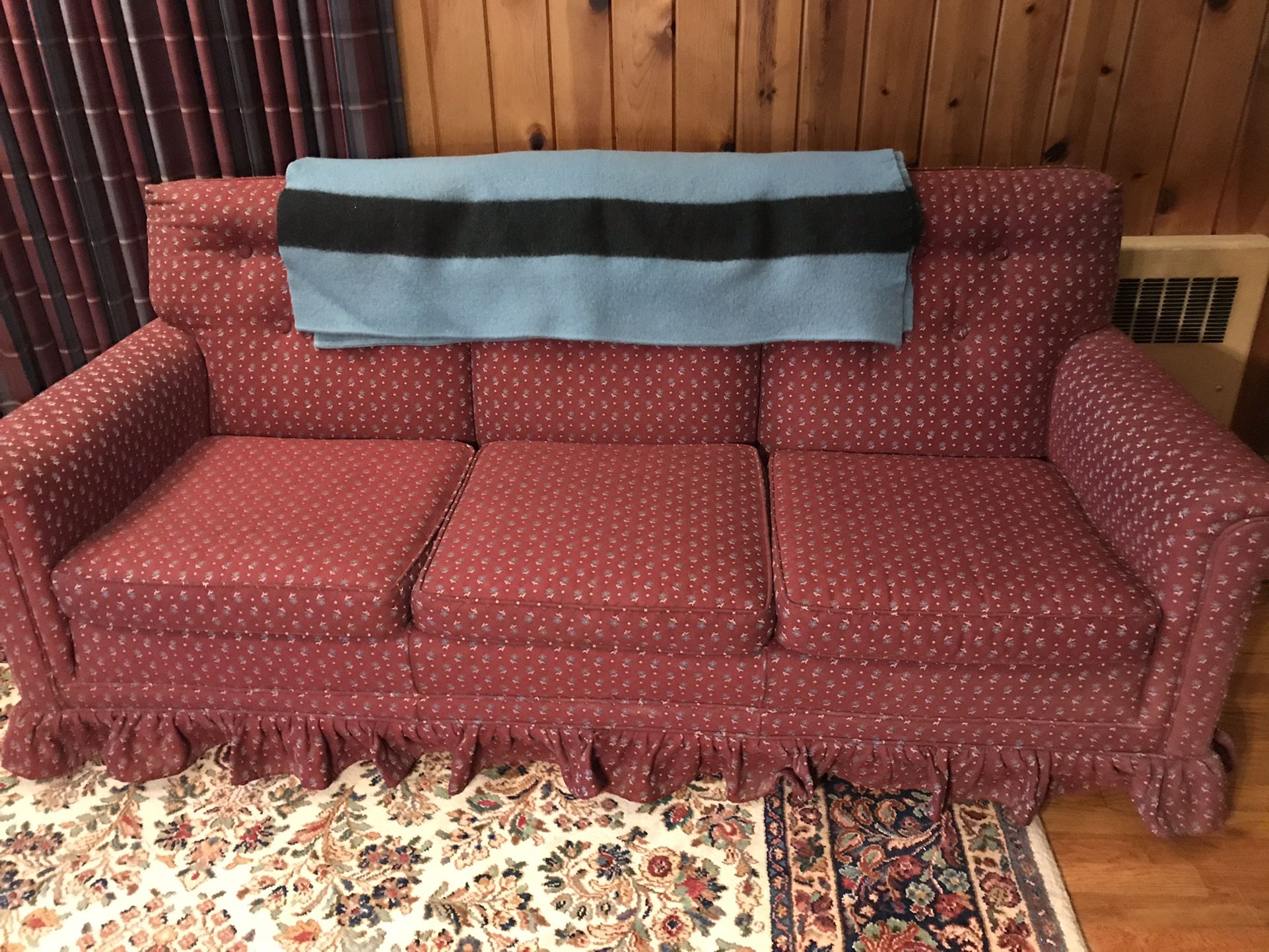 Three Cushion Sofa, Burgundy With Slate Blue & Beige Mini-Flower Design 