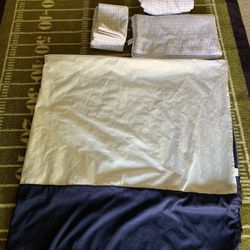 Full Size Bed Sheets. Includes: Flat Sheet, Fitted Sheet, Bed Skirt, 4 Pillow Cases. Color Navy Blue And White. $ 10 Thumbnail