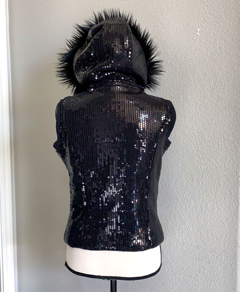Aeropostale Zip/Snap Sequin Vest W/ Faux Fur Hood Lining
