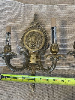ANTIQUE VICTORIAN BAROQUE BRASS CANDELABRA WALL SCONCE SET OF 2 Thumbnail