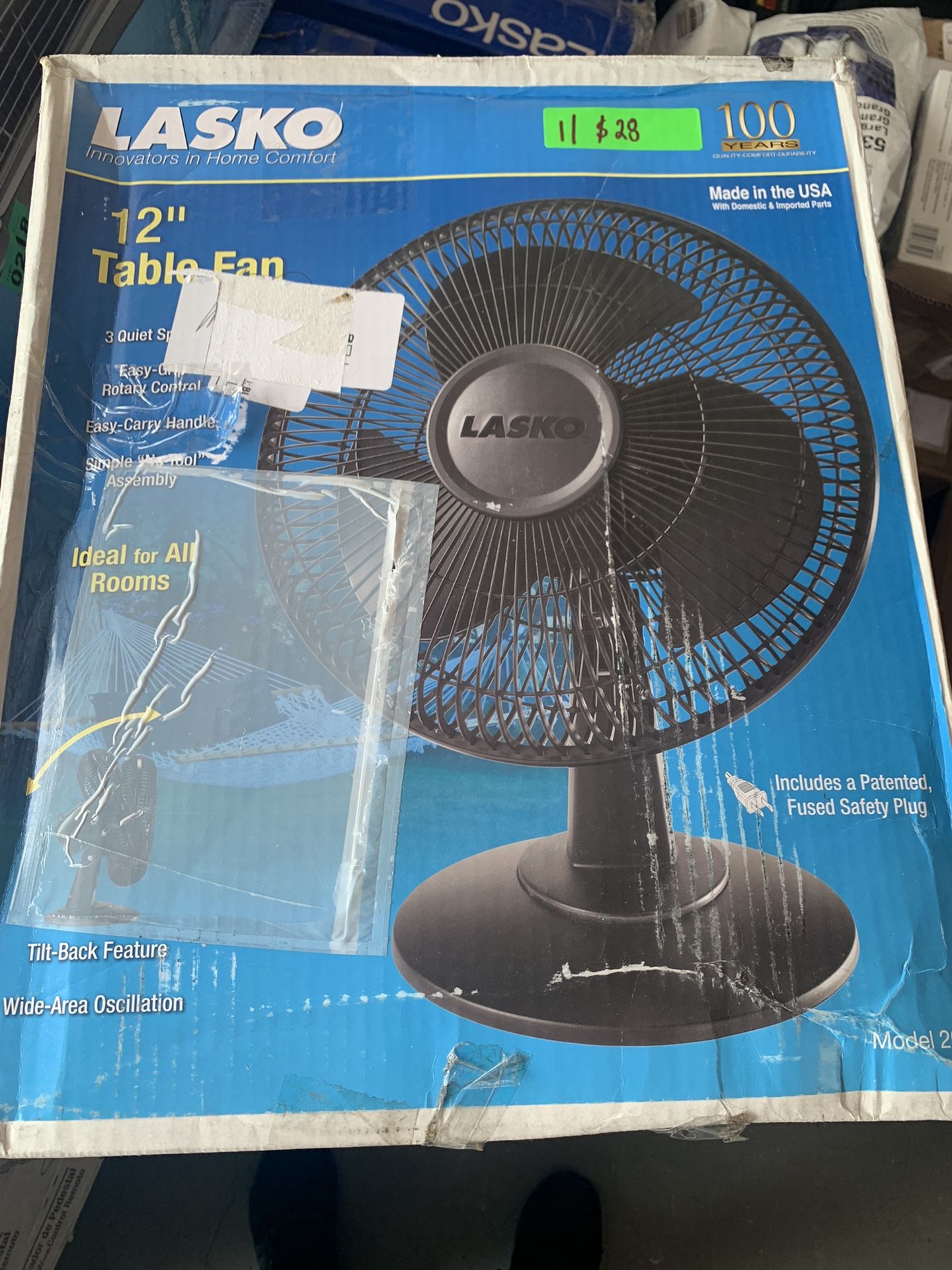 Lasko 3-Speed 12" Table Fan, Black /white