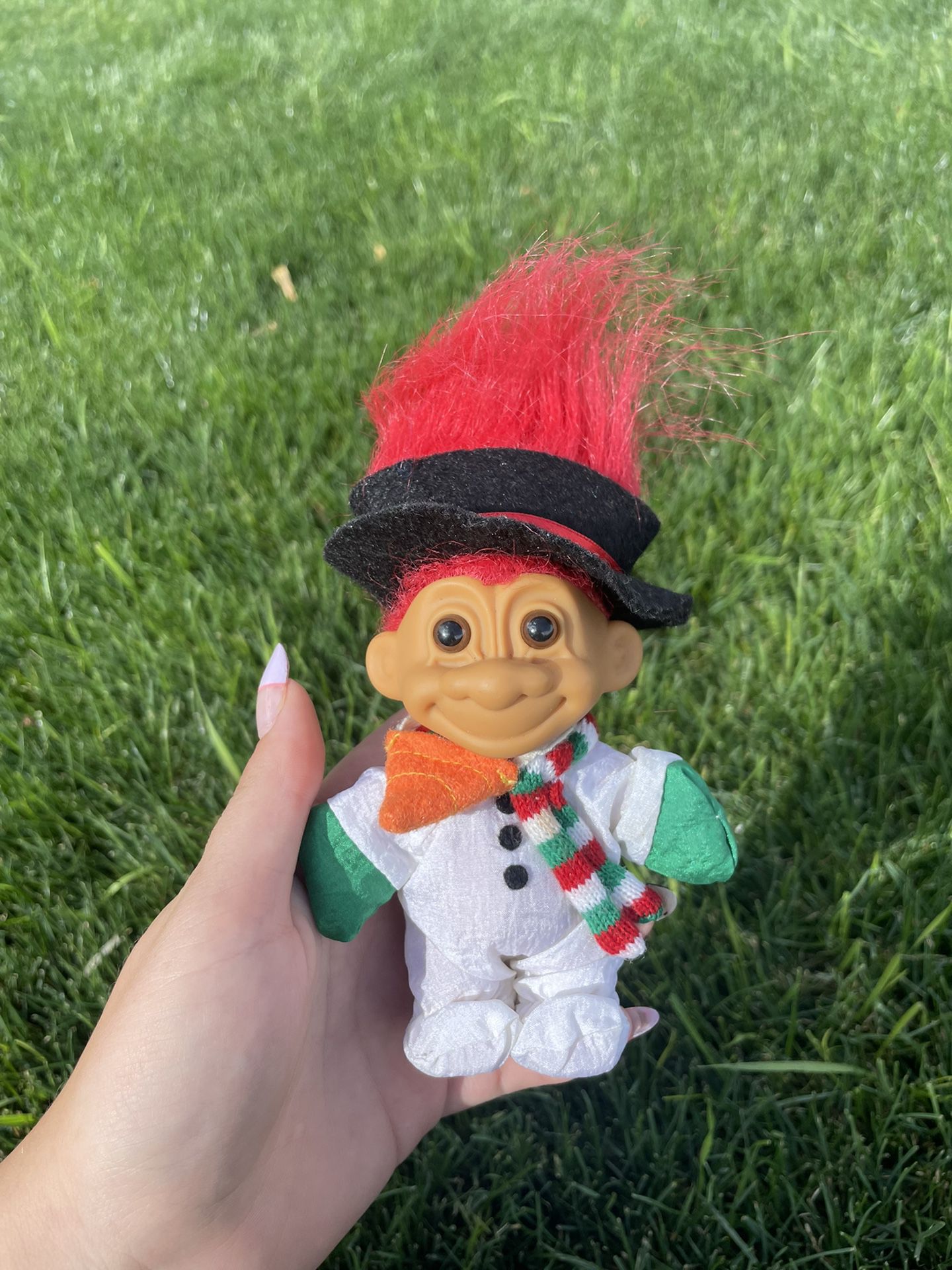 Vintage Russ Snowman Suit Troll Doll w/ Christmas Scarf Hat Nose W/Red Hair