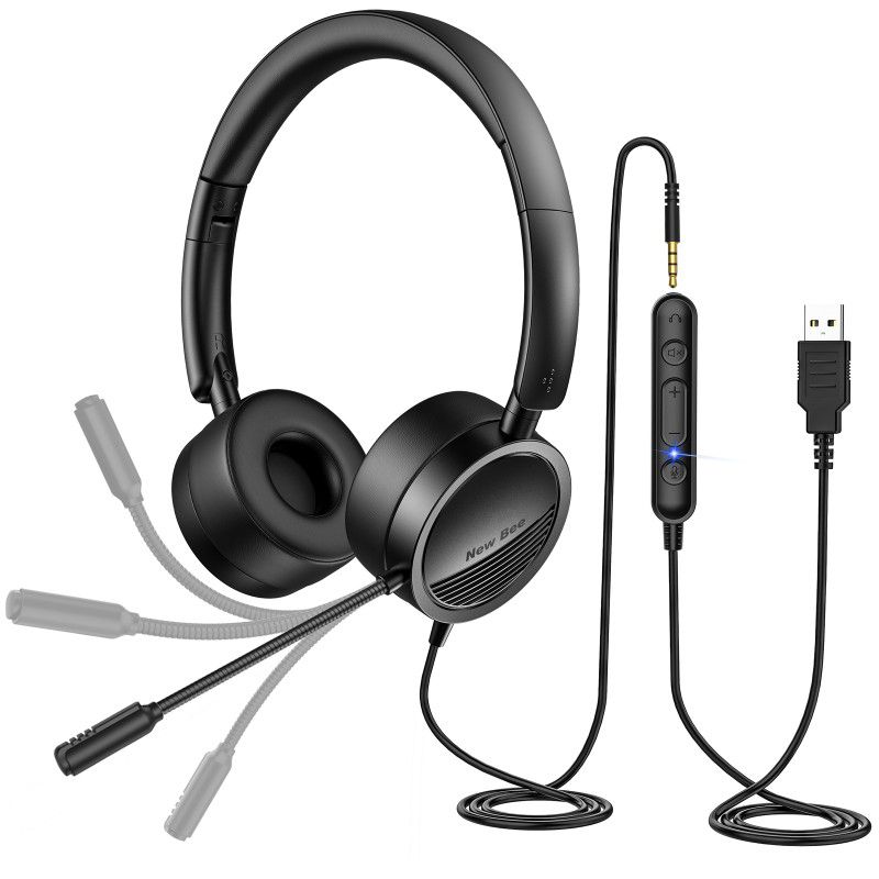 New Bee USB Headset Microphone in-Line Call Controls Computer Office Call