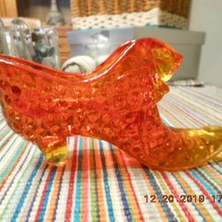 Vintage Fenton Amberina/Orange/Red Glass Hobnail Cat Head Shoe Thumbnail