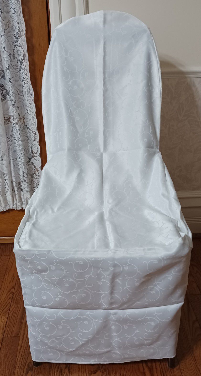 Chair Covers, White Patterned Satin , $3.50 Each, Six Total