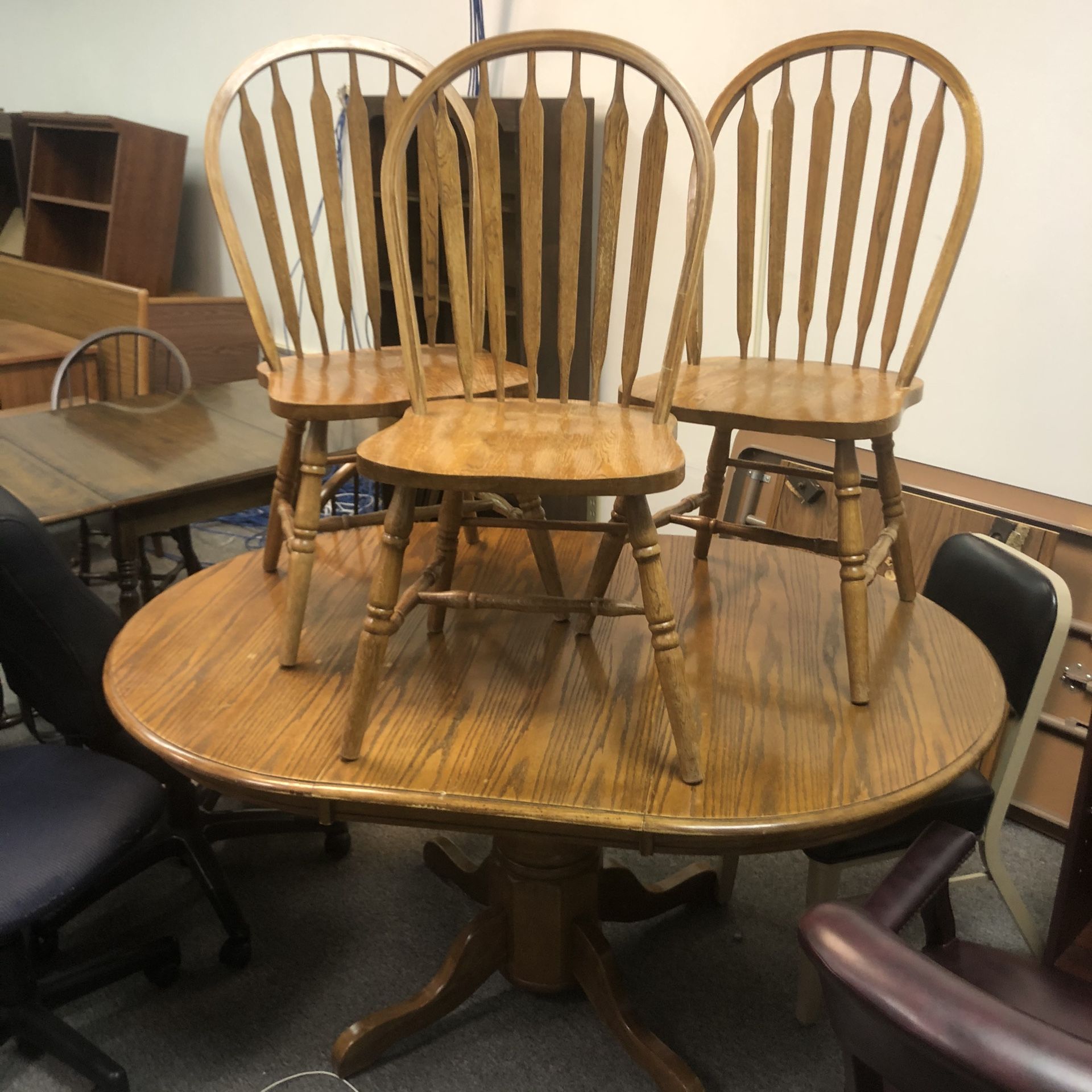 Vintage Solid Oak Table With Three Matching Chairs
