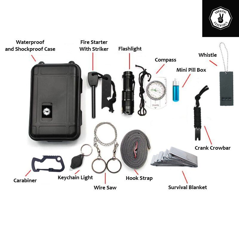 Survival Essentials - 12 in 1 Portable Survival Kit Gear Tactical Emergency Tools Tool Kit- For Outdoor Camping, Hiking, Hunting, Fishing, & More!