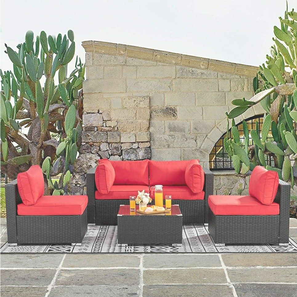 Patio/Outdoor Furniture 5pcs Patio Furniture Sets,Low Back All-Weather Rattan Sectional Sofa w/ Tea Table&Washable Couch Cushions (turquoise & red)