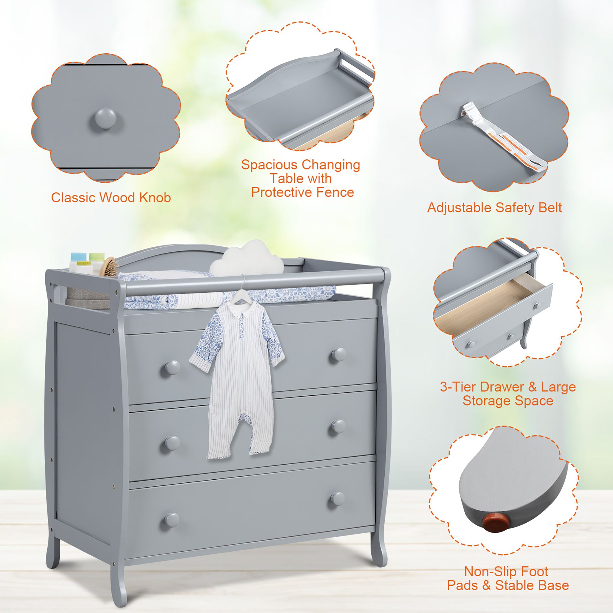Costway 3-Drawer Dresser Changing Table w/Safety Belt Guardrails for Kids' Room
