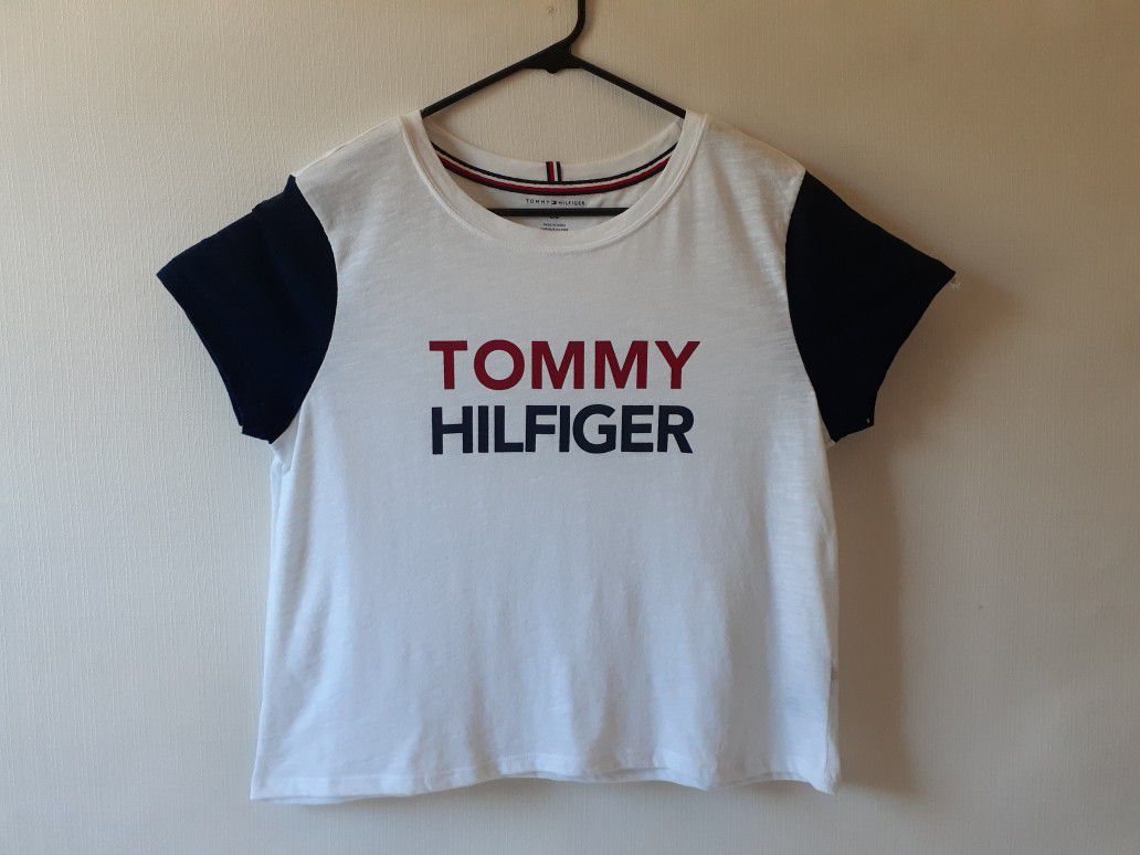 Tommy Hilfiger women's white/navy short sleeve graphic t-shirt size L 