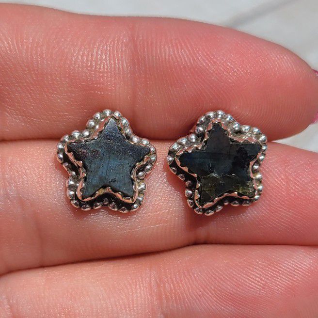 Star - Larvikite Black Moonstone 925 Stud Earrings