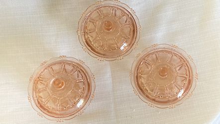 Vintage KIG Indonesia Pink Glass Candy Dish With Lid   Thumbnail