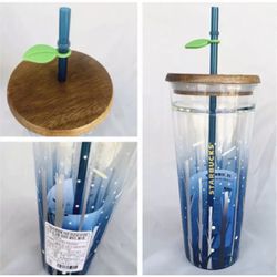 Starbucks Limited Edition Firefly Glass Tumbler w/ Wood Lid and Leaf Straw Detail Thumbnail