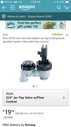 Toro 3/4" Jar Top Anti-Siphon Valve Flow Control 53763 Lawn Yard Sprinkler Part 