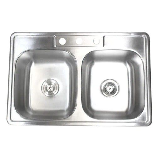 eModernDecor Top Mount Drop-In 18-Gauge Stainless Steel 33 in. x22 in. x 9 in. Deep 3-Faucet Holes Double Bowl 50/50 Kitchen Sink - #69679 - OS