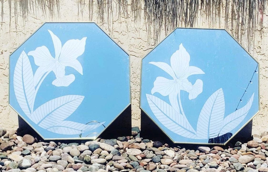 1980s Etched Octagon Gold Framed Mirrors