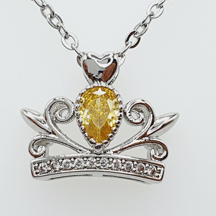 "Lovely Crown Shape Yellow Crystal Pur Pear Zircon Silver Necklace, L591
