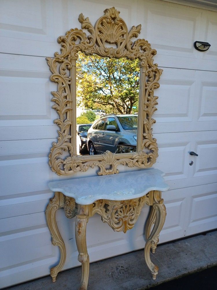 Antique Marble Top Console Table And Hollywood Regency Mirror