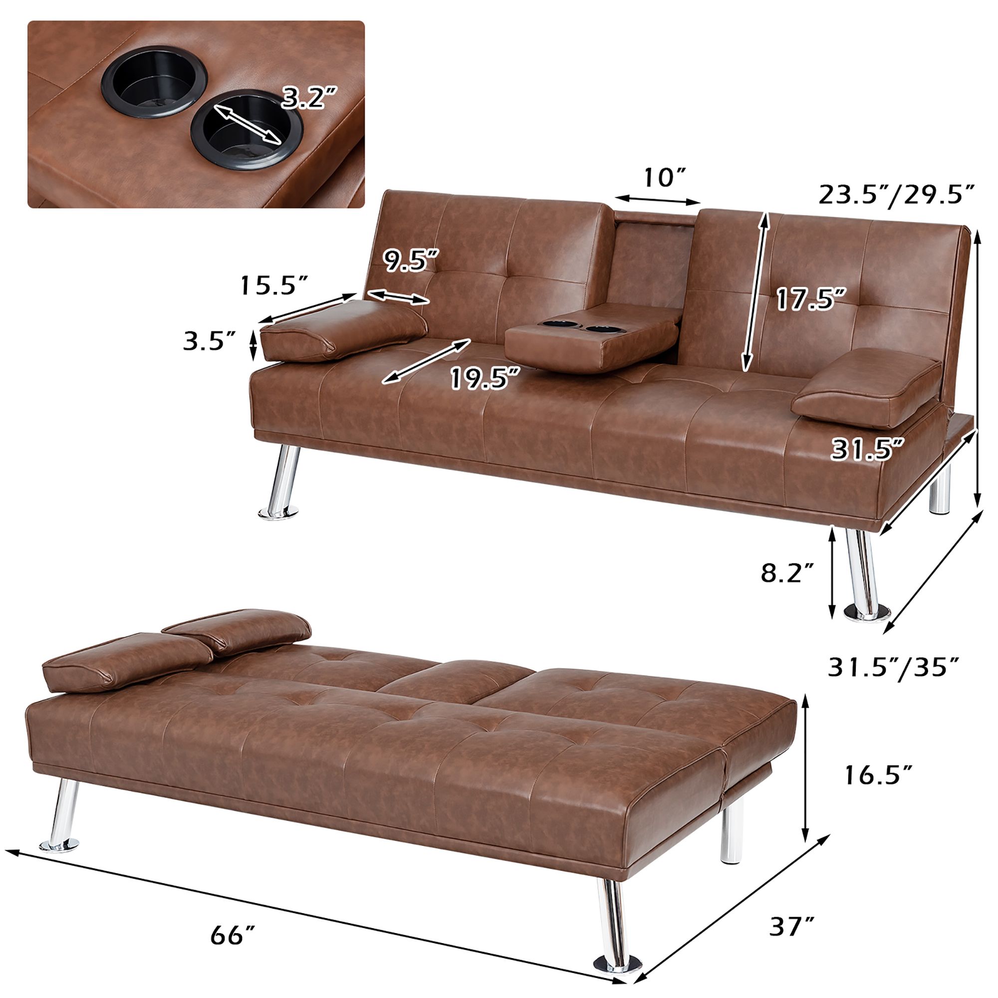 Costway Convertible Folding Futon Sofa Bed Leather w/Cup Holders&Armrests Brown