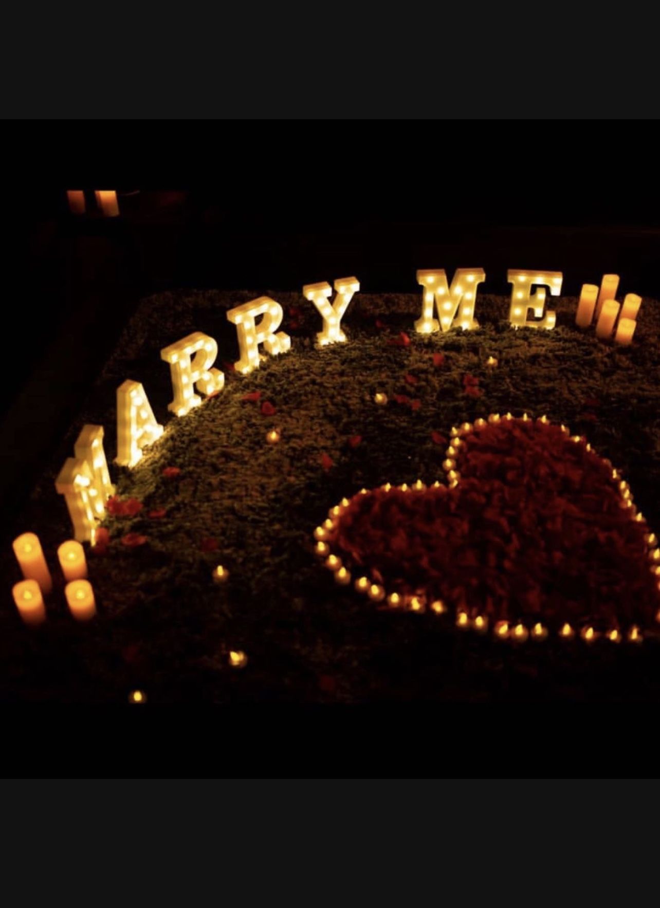 New Engagement Proposal Package - Marry Me LED Letter Sign, 1000 Rose Petals, 50 Tea Light Candles & 2 Champagne Glasses