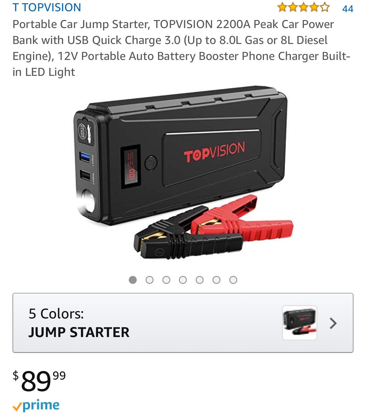 Portable Car Jump Starter, TOPVISION 2200A Peak Car Power Bank with USB Quick Charge 3.0 (Up to