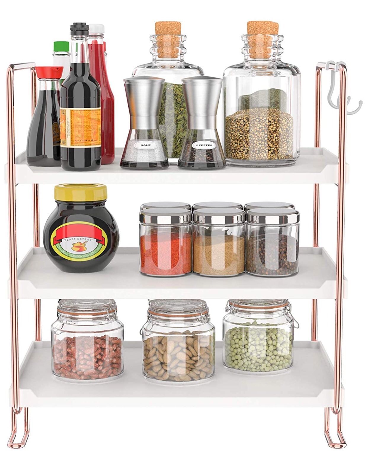 3-Tier Stackable Organizer Shelf, Bathroom Countertop Storage Shelf, Kitchen Spice Rack, Freestanding Cosmetic Holder for Bedroom Counter (Rose Gold)