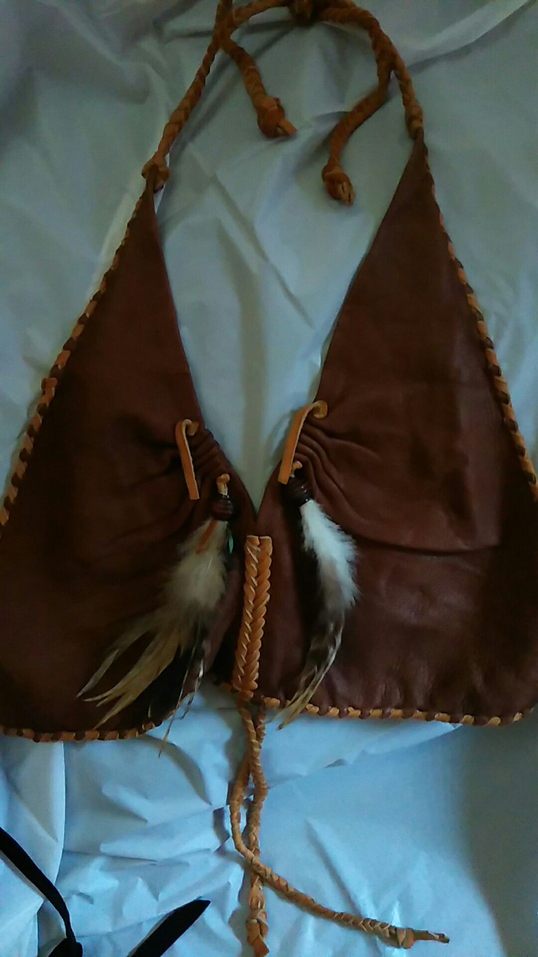 Brown leather halter top w/ feathers