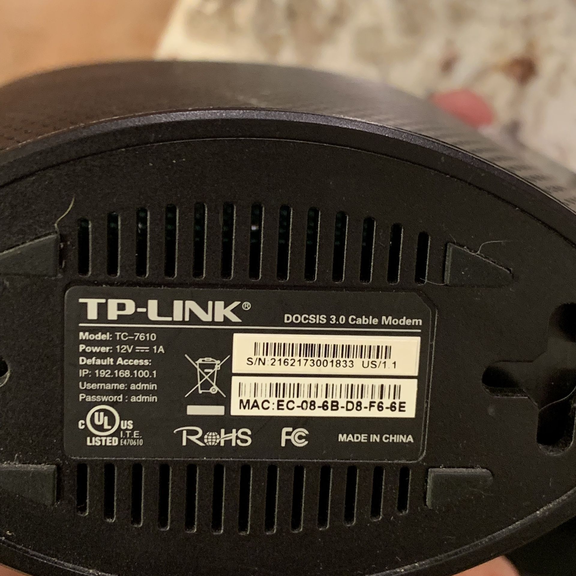 TP Link TC-7610 cable modem Certified for Comcast XFINITY, Spectrum, Cox, time warner