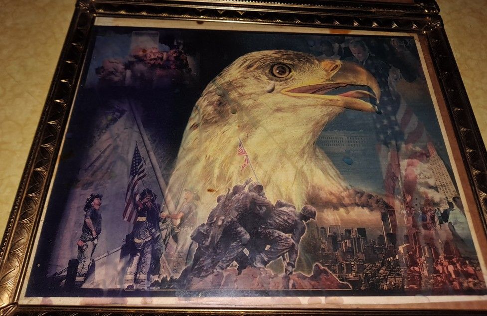 Framed Eagle Picture Of Twin Towers Burning & 4 Ceramic Eagle Figurines Asking $10 For ALL