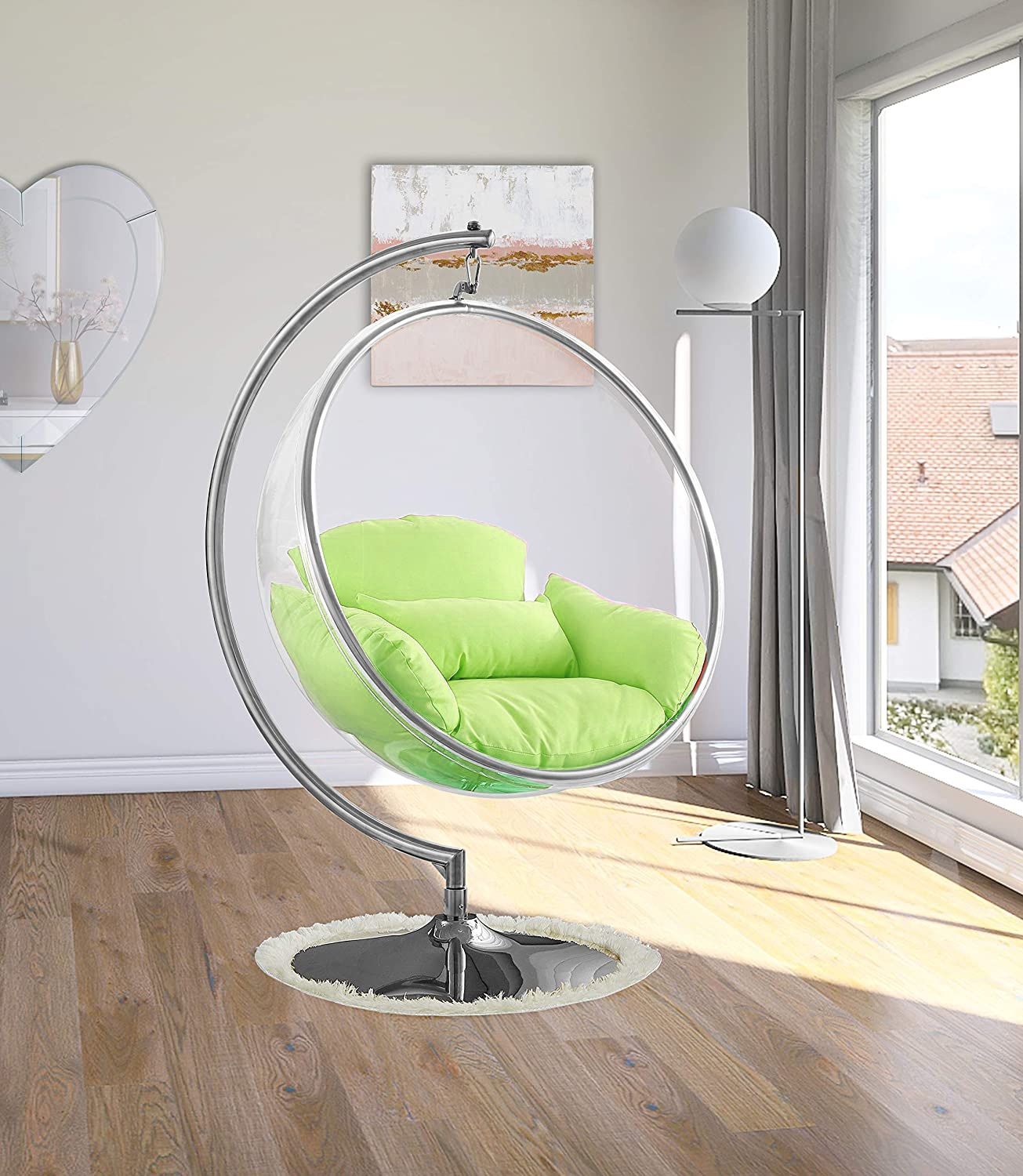 Hanging Bubble Chair Polished Chrome With Stand And Cushion Pillows