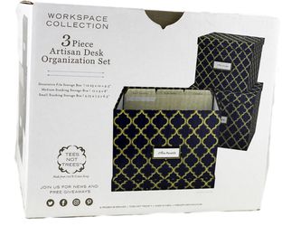 WORKSPACE COLLECTION | 3 PIECE ARTISAN DESK ORGANIZATIONAL SET | HAND SILKSCREENED ~ NAVY AND GOLD DAMASK **Buy 2 sets for ONLy $28 ** Thumbnail